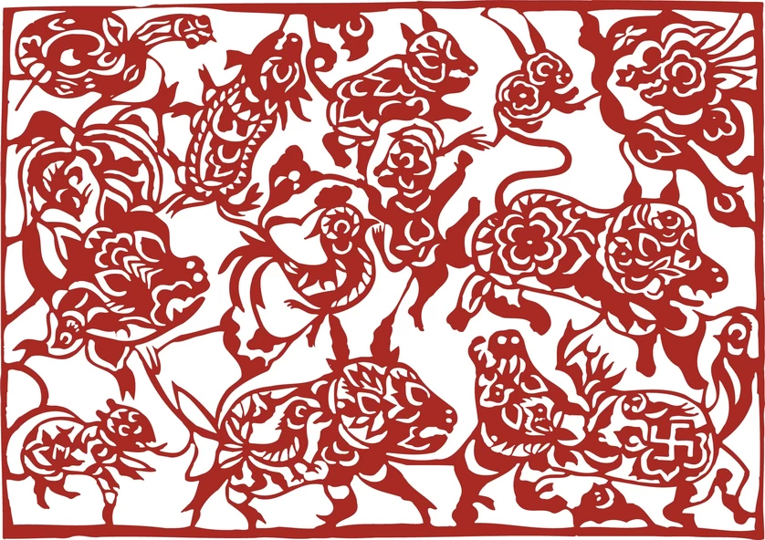 中国风中式传统喜庆民俗人物动物窗花剪纸插画边框AI矢量PNG素材【1489】